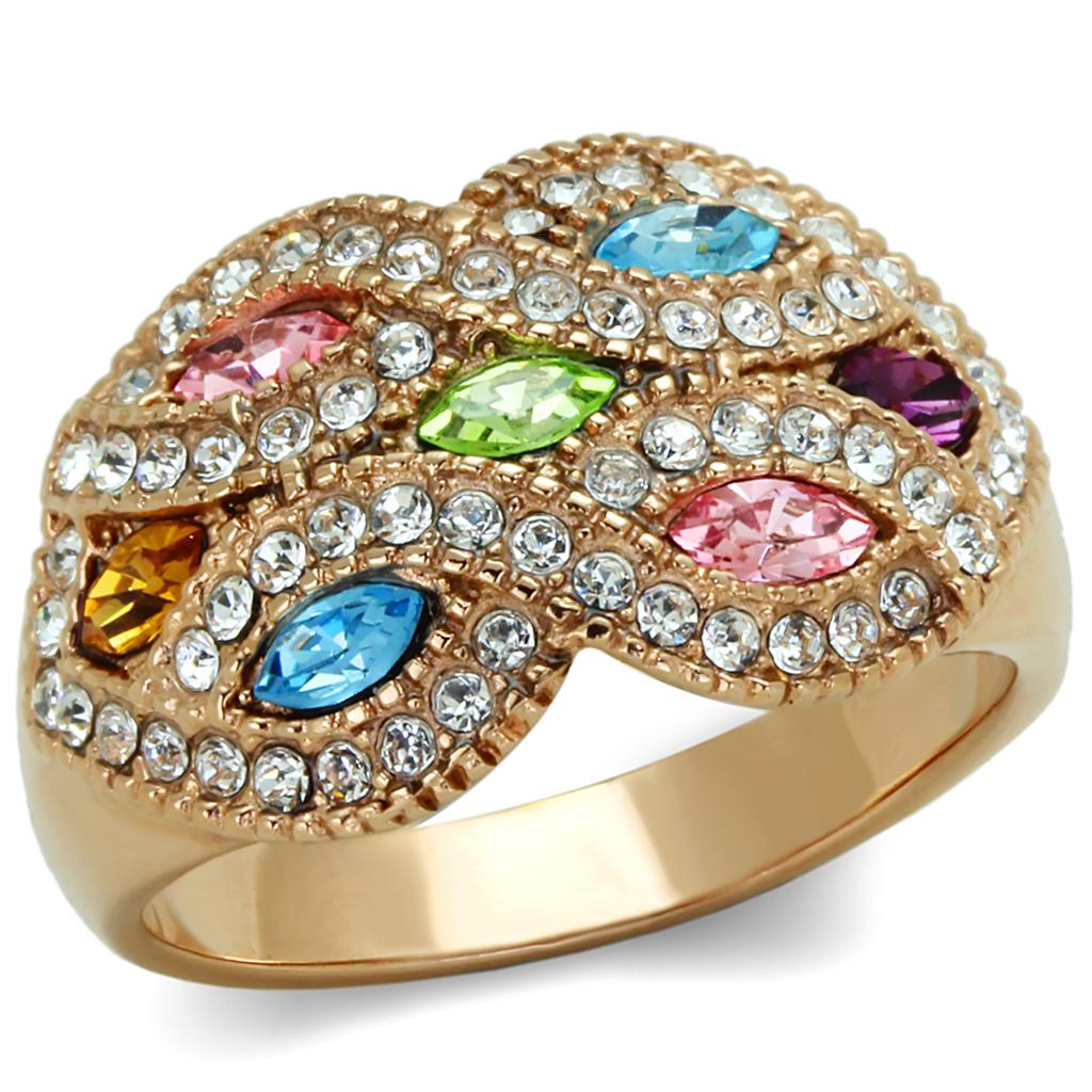 IP Rose Gold(Ion Plating) Stainless Steel Ring with Top Grade Crystal in Multi Color