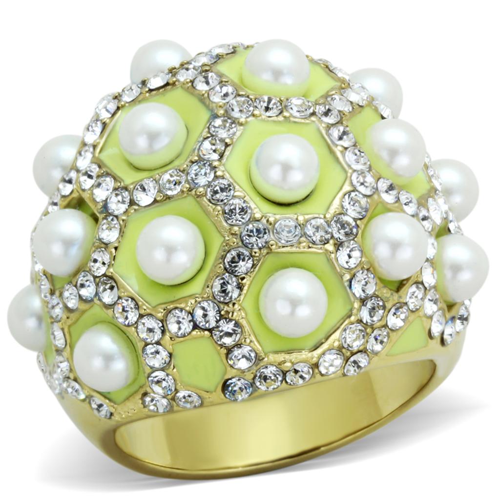IP Gold(Ion Plating) Stainless Steel Ring with Synthetic Pearl in White
