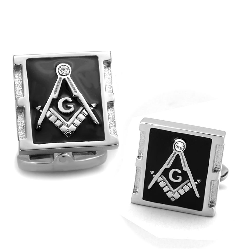 High polished (no plating) Stainless Steel Cufflink with Top Grade Crystal in Clear