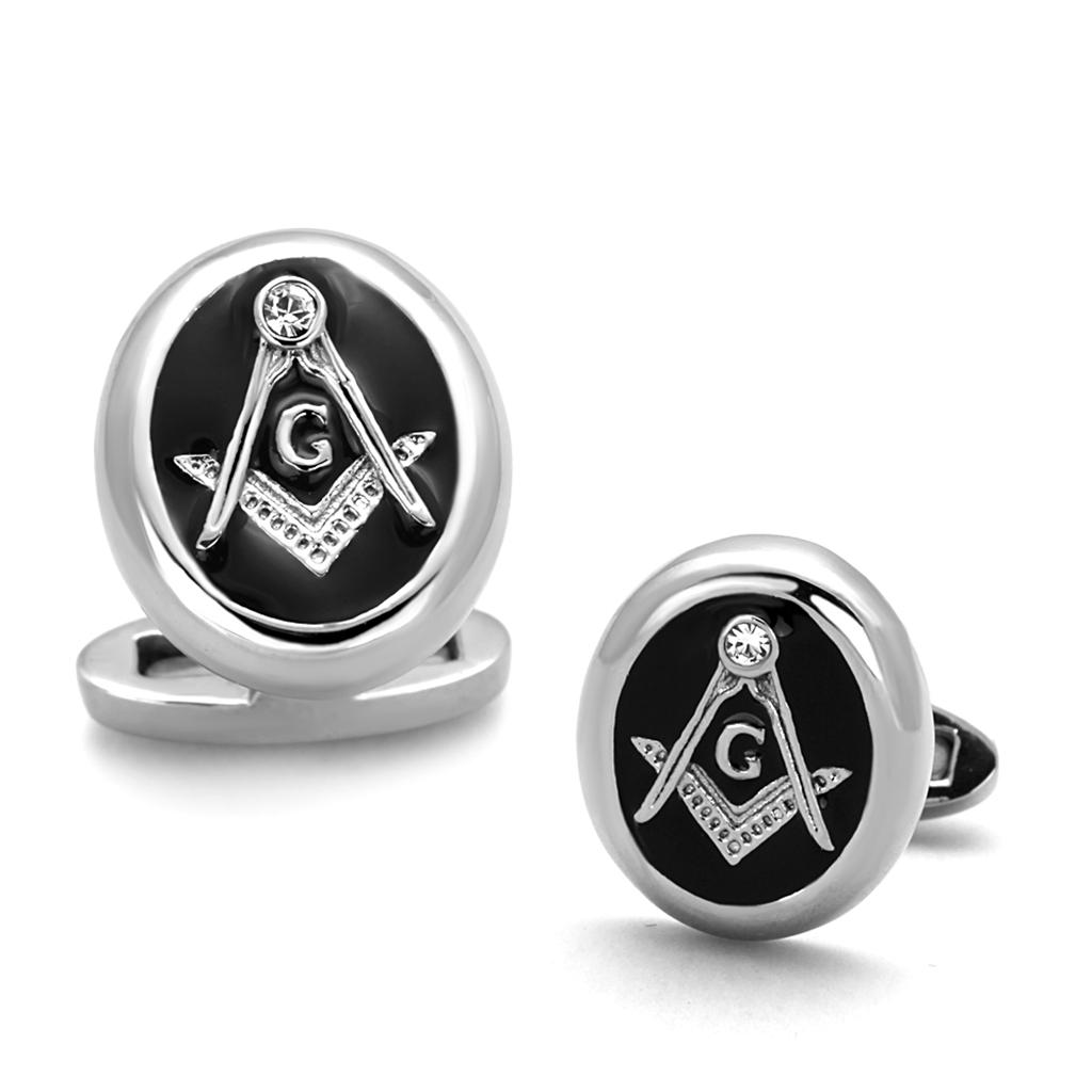 High polished (no plating) Stainless Steel Cufflink with Top Grade Crystal in Clear