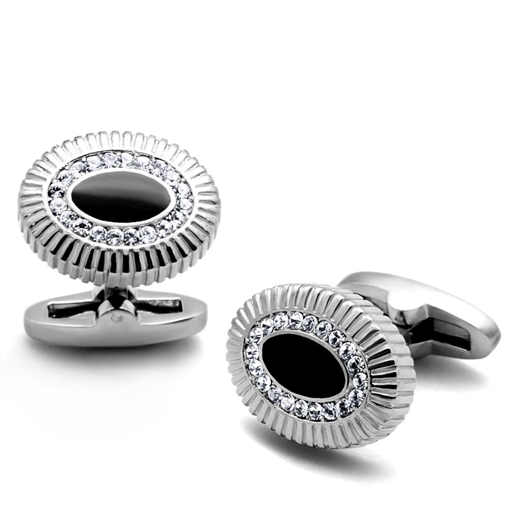 High polished (no plating) Stainless Steel Cufflink with Top Grade Crystal in Clear