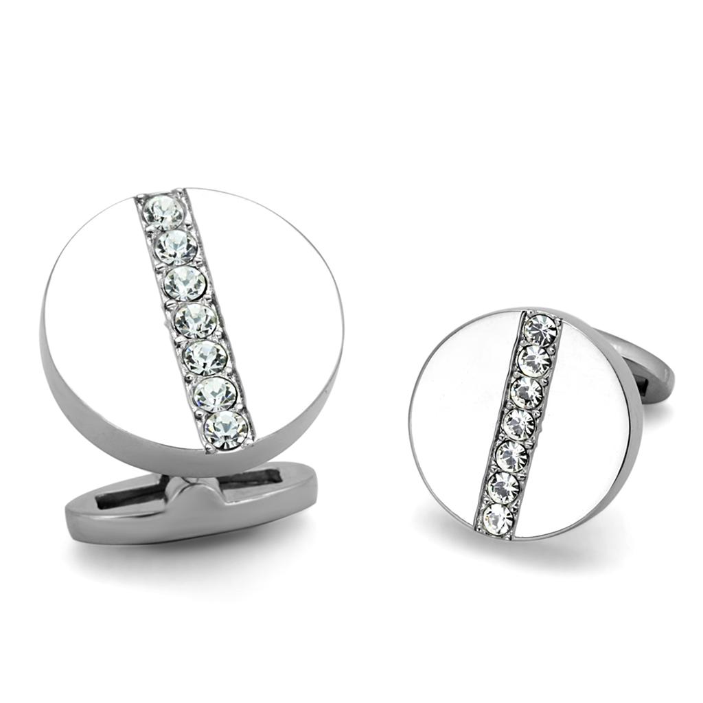 High polished (no plating) Stainless Steel Cufflink with Top Grade Crystal in Clear