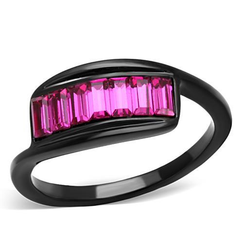 IP Black(Ion Plating) Stainless Steel Ring with Top Grade Crystal in Fuchsia