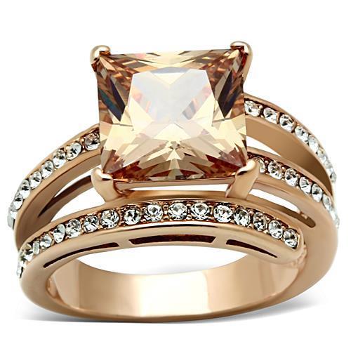 IP Rose Gold(Ion Plating) Stainless Steel Ring with AAA Grade CZ in Champagne