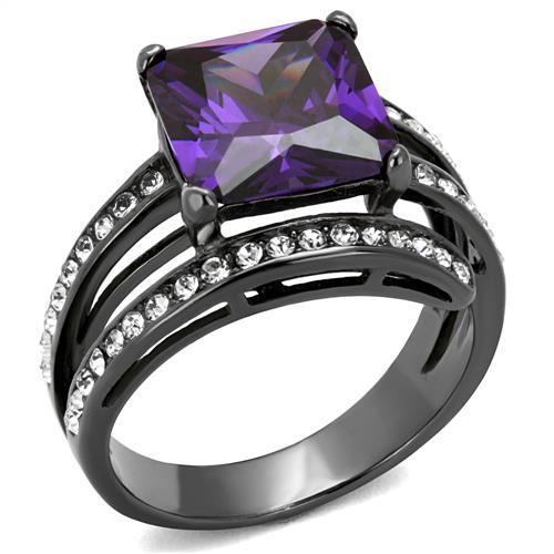 IP Light Black (IP Gun) Stainless Steel Ring with AAA Grade CZ in Amethyst