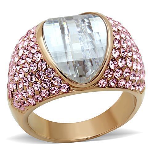 IP Rose Gold(Ion Plating) Stainless Steel Ring with AAA Grade CZ in Clear
