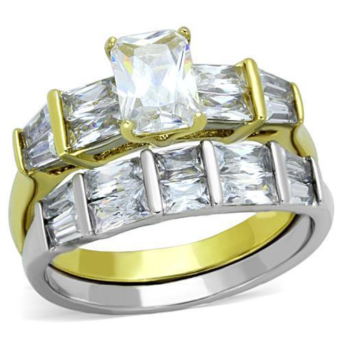 Two-Tone IP Gold (Ion Plating) Stainless Steel Ring with AAA Grade CZ in Clear