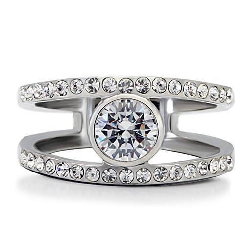 High polished (no plating) Stainless Steel Ring with AAA Grade CZ in Clear