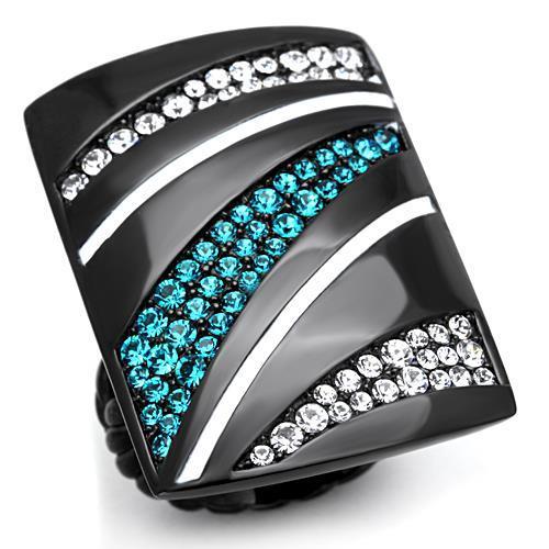 IP Black(Ion Plating) Stainless Steel Ring with Top Grade Crystal in Blue Zircon