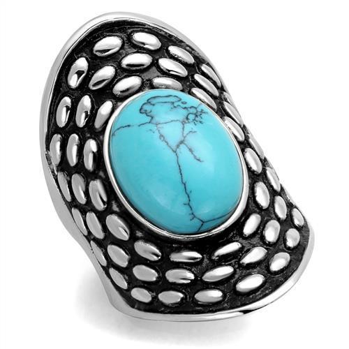 High polished (no plating) Stainless Steel Ring with Synthetic Turquoise in Sea Blue