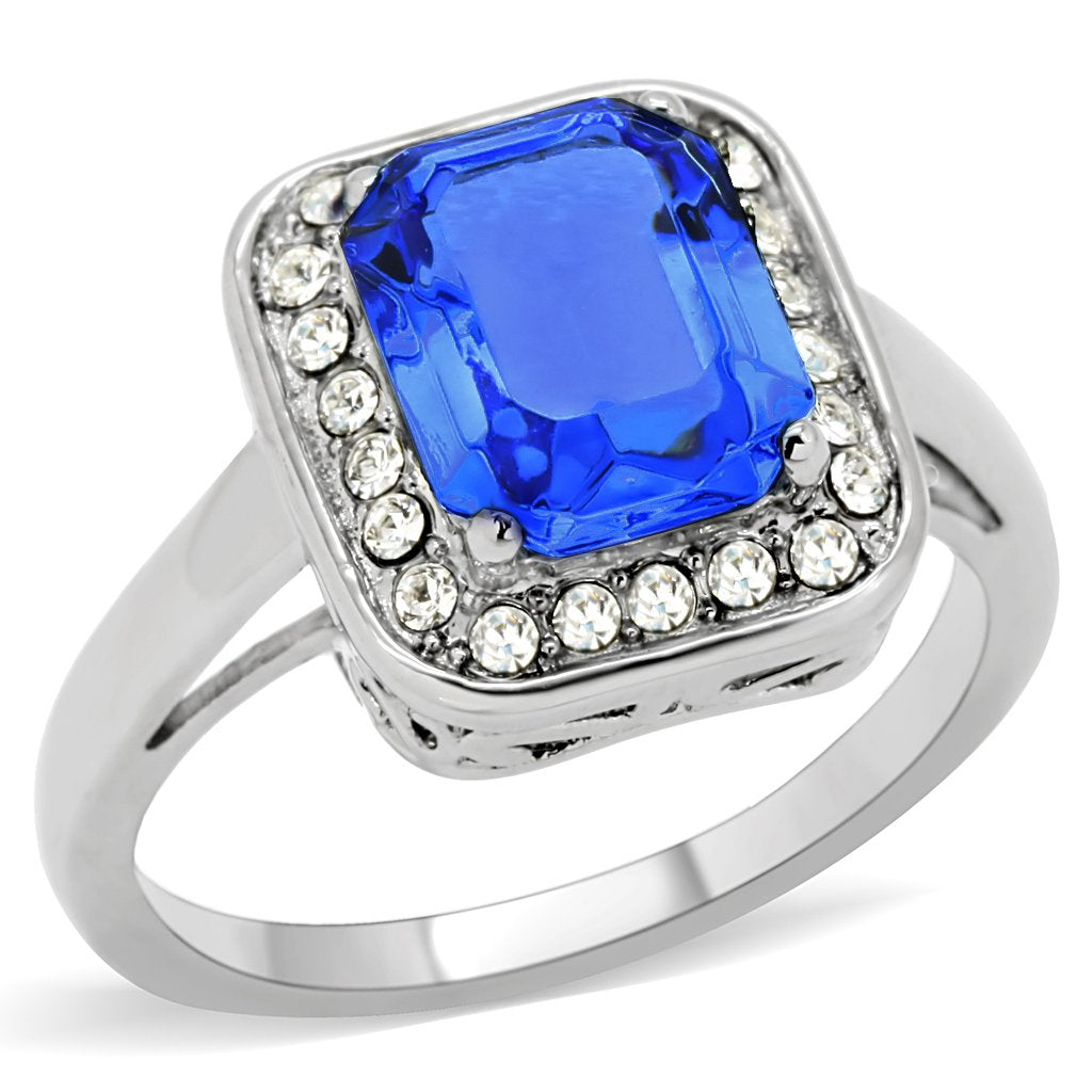 High polished (no plating) Stainless Steel Ring with Top Grade Crystal in Sapphire