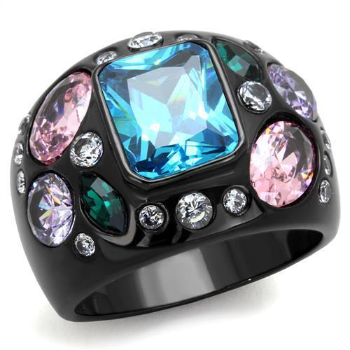 IP Black(Ion Plating) Stainless Steel Ring with AAA Grade CZ in Sea Blue