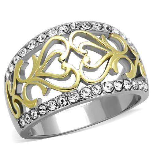 Two-Tone IP Gold (Ion Plating) Stainless Steel Ring with Top Grade Crystal in Clear