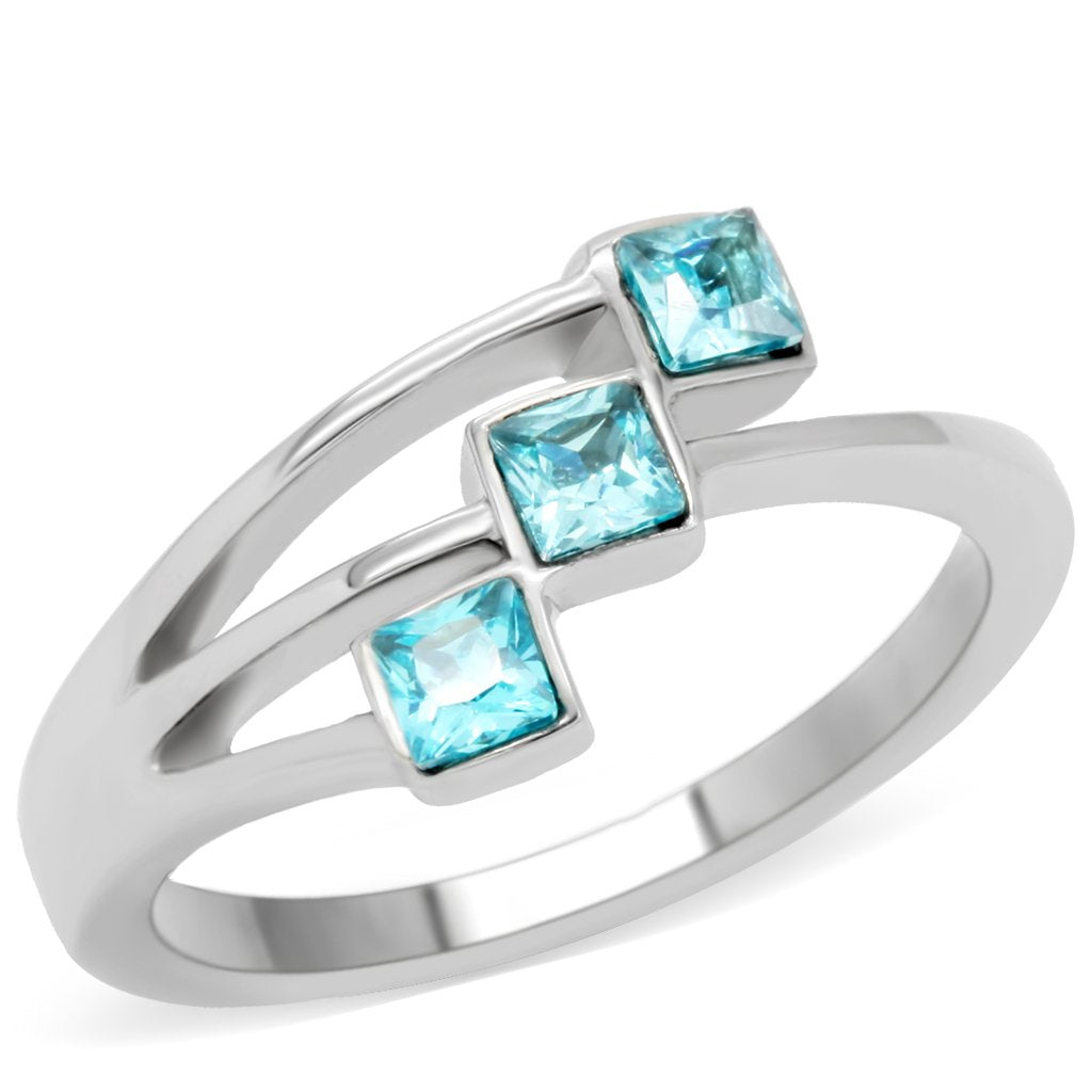High polished (no plating) Stainless Steel Ring with Synthetic Synthetic Glass in Sea Blue