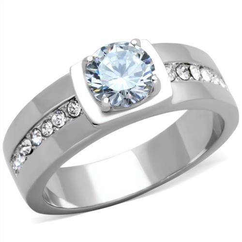 High polished (no plating) Stainless Steel Ring with AAA Grade CZ in Clear