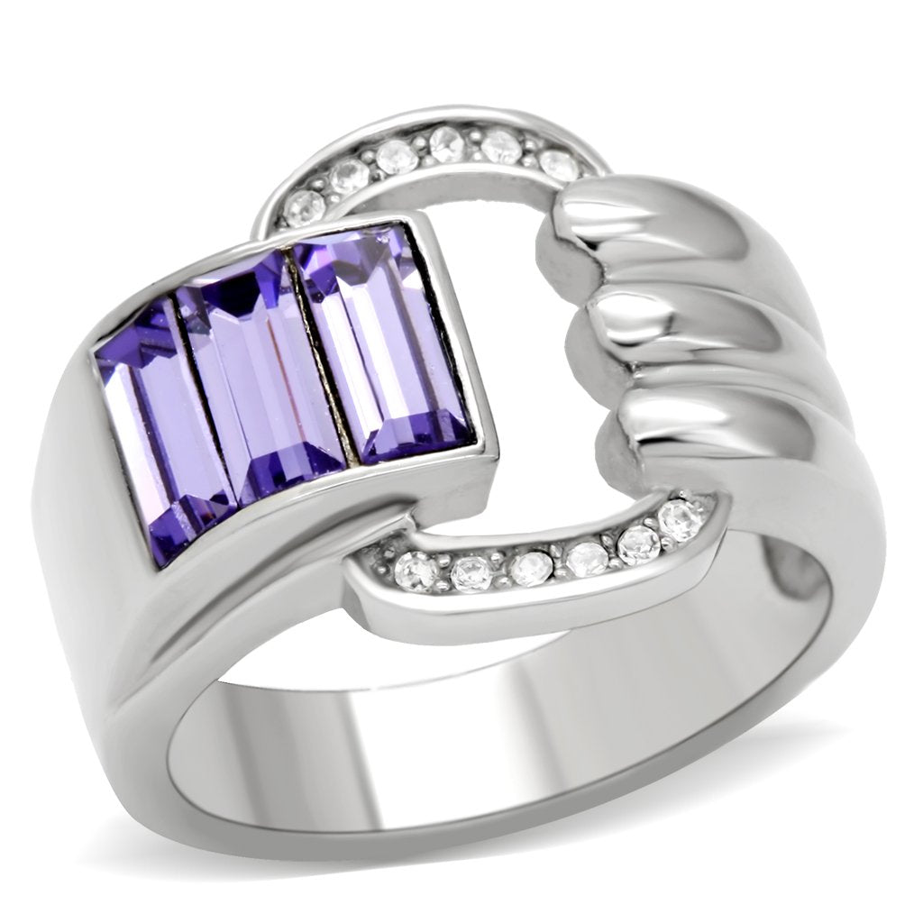 High polished (no plating) Stainless Steel Ring with Top Grade Crystal in Tanzanite