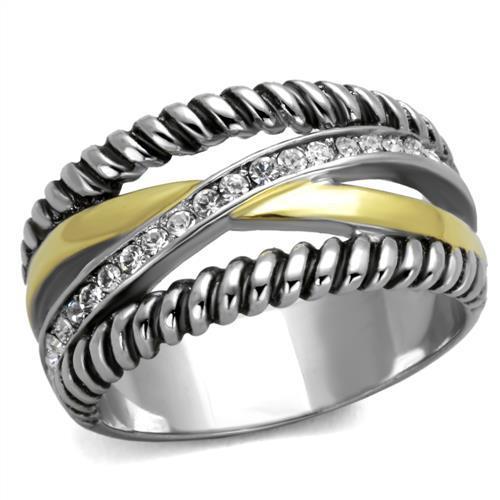 Two-Tone IP Gold (Ion Plating) Stainless Steel Ring with Top Grade Crystal in Clear