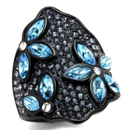 IP Black(Ion Plating) Stainless Steel Ring with Top Grade Crystal in Sea Blue