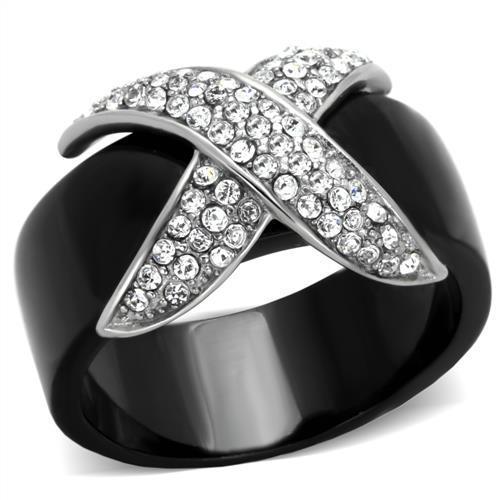 Two-Tone IP Black (Ion Plating) Stainless Steel Ring with Top Grade Crystal in Clear
