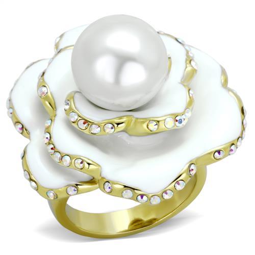 IP Gold(Ion Plating) Stainless Steel Ring with Synthetic Pearl in White