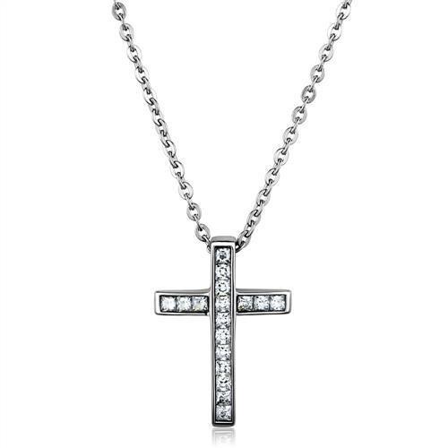High polished (no plating) Stainless Steel Chain Pendant with AAA Grade CZ in Clear