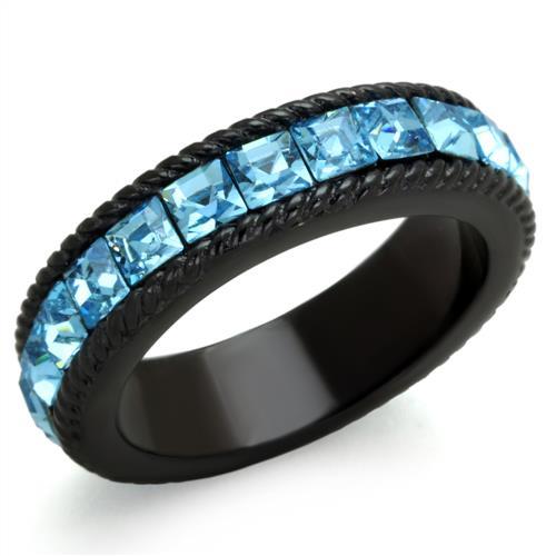 IP Black(Ion Plating) Stainless Steel Ring with Top Grade Crystal in Sea Blue