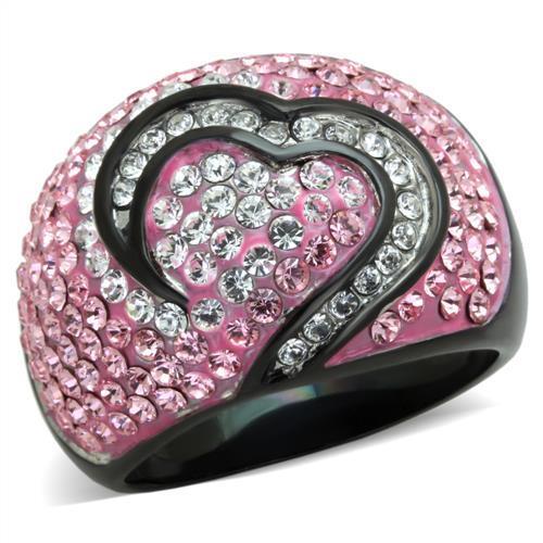 Two-Tone IP Black (Ion Plating) Stainless Steel Ring with Top Grade Crystal in Light Rose