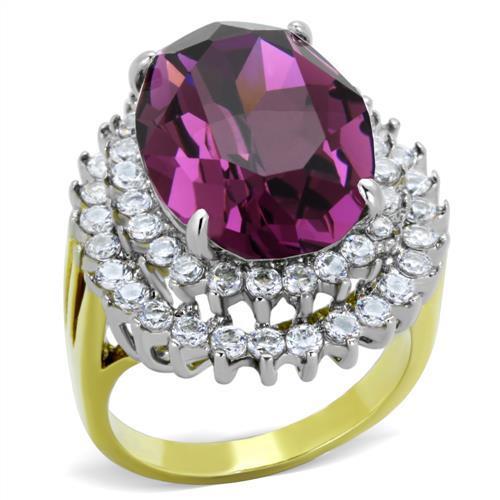 Two-Tone IP Gold (Ion Plating) Stainless Steel Ring with Top Grade Crystal in Amethyst