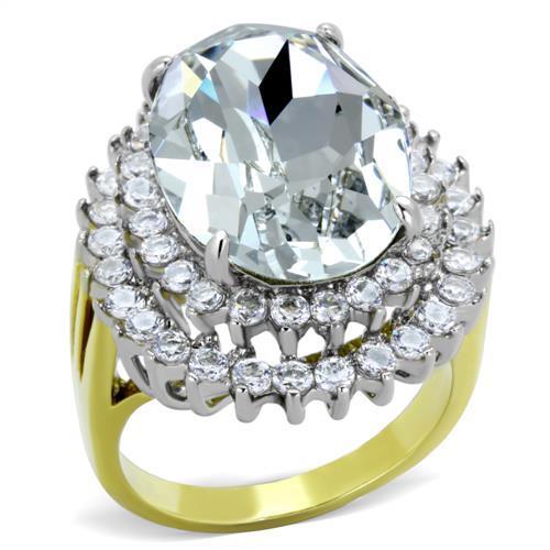 Two-Tone IP Gold (Ion Plating) Stainless Steel Ring with Top Grade Crystal in Clear