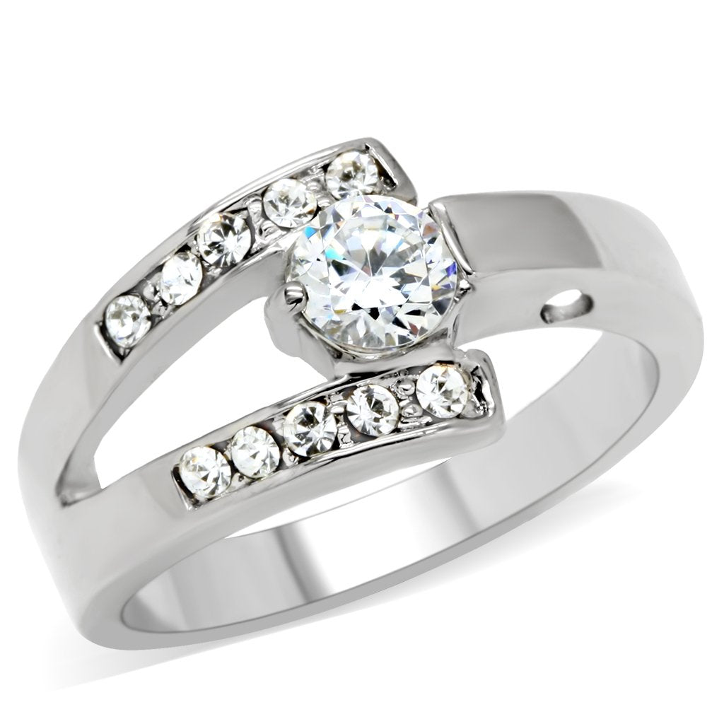 High polished (no plating) Stainless Steel Ring with AAA Grade CZ in Clear