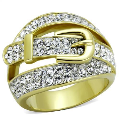 Two-Tone IP Gold (Ion Plating) Stainless Steel Ring with Top Grade Crystal in Clear