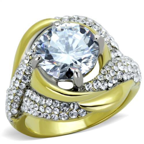 Two-Tone IP Gold (Ion Plating) Stainless Steel Ring with AAA Grade CZ in Clear