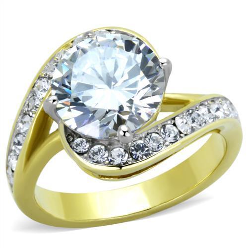 Two-Tone IP Gold (Ion Plating) Stainless Steel Ring with AAA Grade CZ in Clear