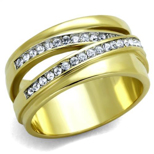 Two-Tone IP Gold (Ion Plating) Stainless Steel Ring with Top Grade Crystal in Clear