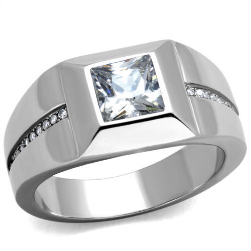 High polished (no plating) Stainless Steel Ring with AAA Grade CZ in Clear