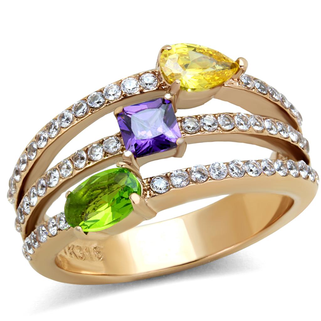 IP Rose Gold(Ion Plating) Stainless Steel Ring with AAA Grade CZ in Multi Color