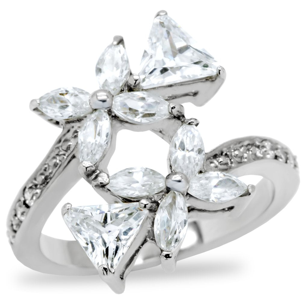 High polished (no plating) Stainless Steel Ring with AAA Grade CZ in Clear