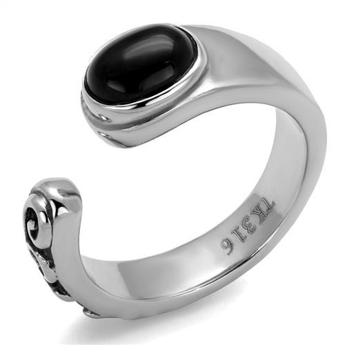 High polished (no plating) Stainless Steel Ring with Synthetic Onyx in Jet