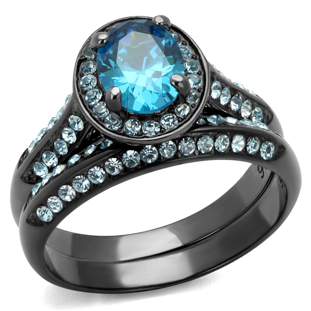 IP Light Black (IP Gun) Stainless Steel Ring with AAA Grade CZ in Sea Blue