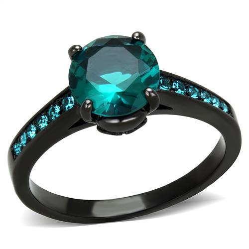 IP Black(Ion Plating) Stainless Steel Ring with Synthetic Synthetic Glass in Blue Zircon
