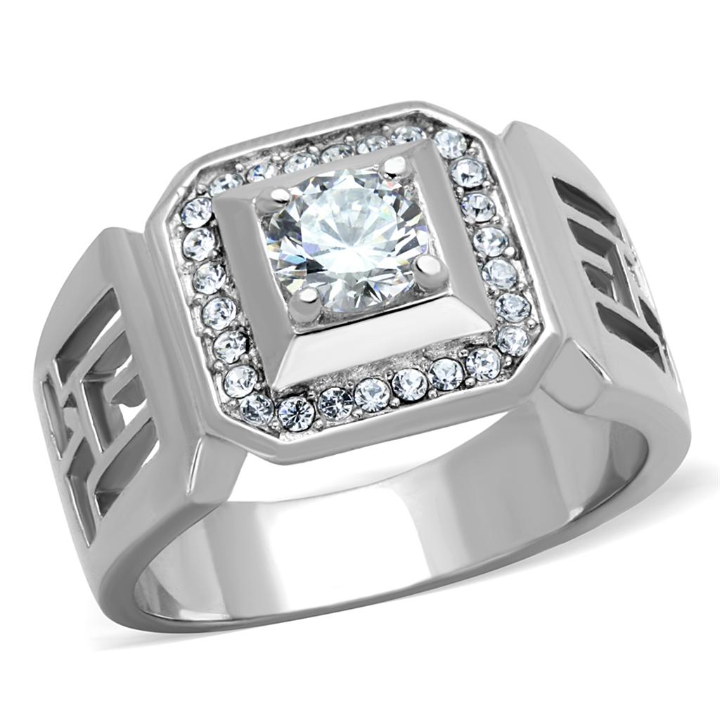 High polished (no plating) Stainless Steel Ring with AAA Grade CZ in Clear