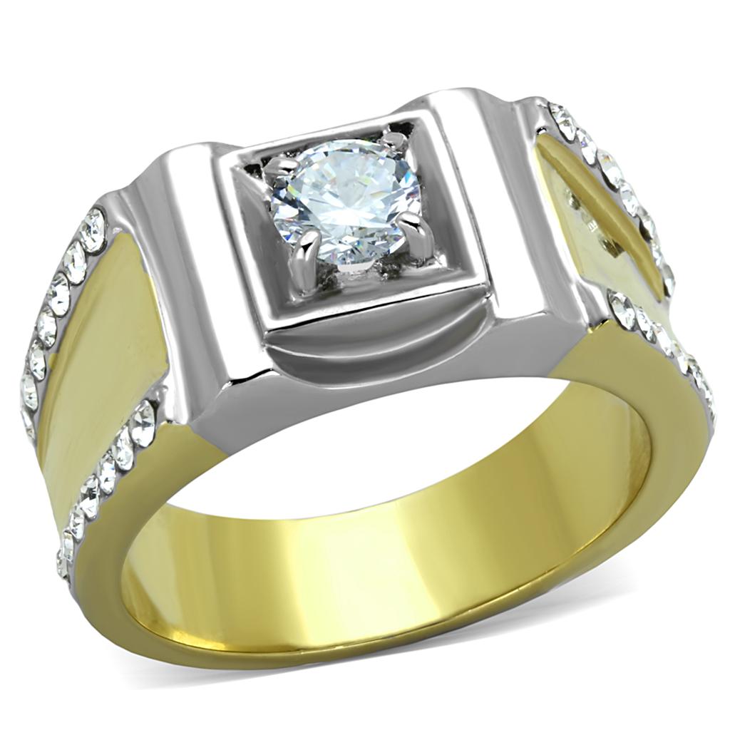 Two-Tone IP Gold (Ion Plating) Stainless Steel Ring with AAA Grade CZ in Clear