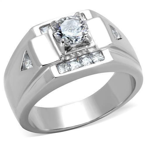 High polished (no plating) Stainless Steel Ring with AAA Grade CZ in Clear