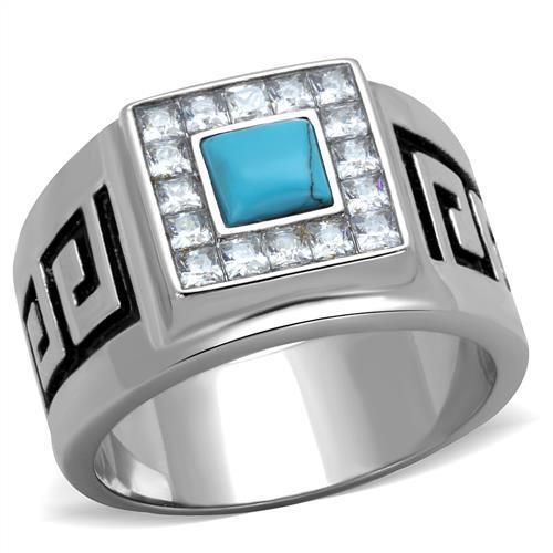 High polished (no plating) Stainless Steel Ring with Synthetic Turquoise in Sea Blue