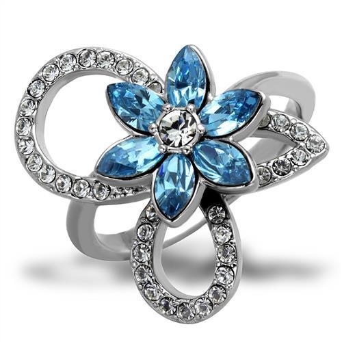 High polished (no plating) Stainless Steel Ring with Top Grade Crystal in Sea Blue