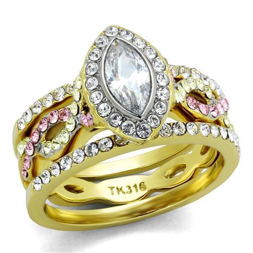 Two-Tone IP Gold (Ion Plating) Stainless Steel Ring with AAA Grade CZ in Clear