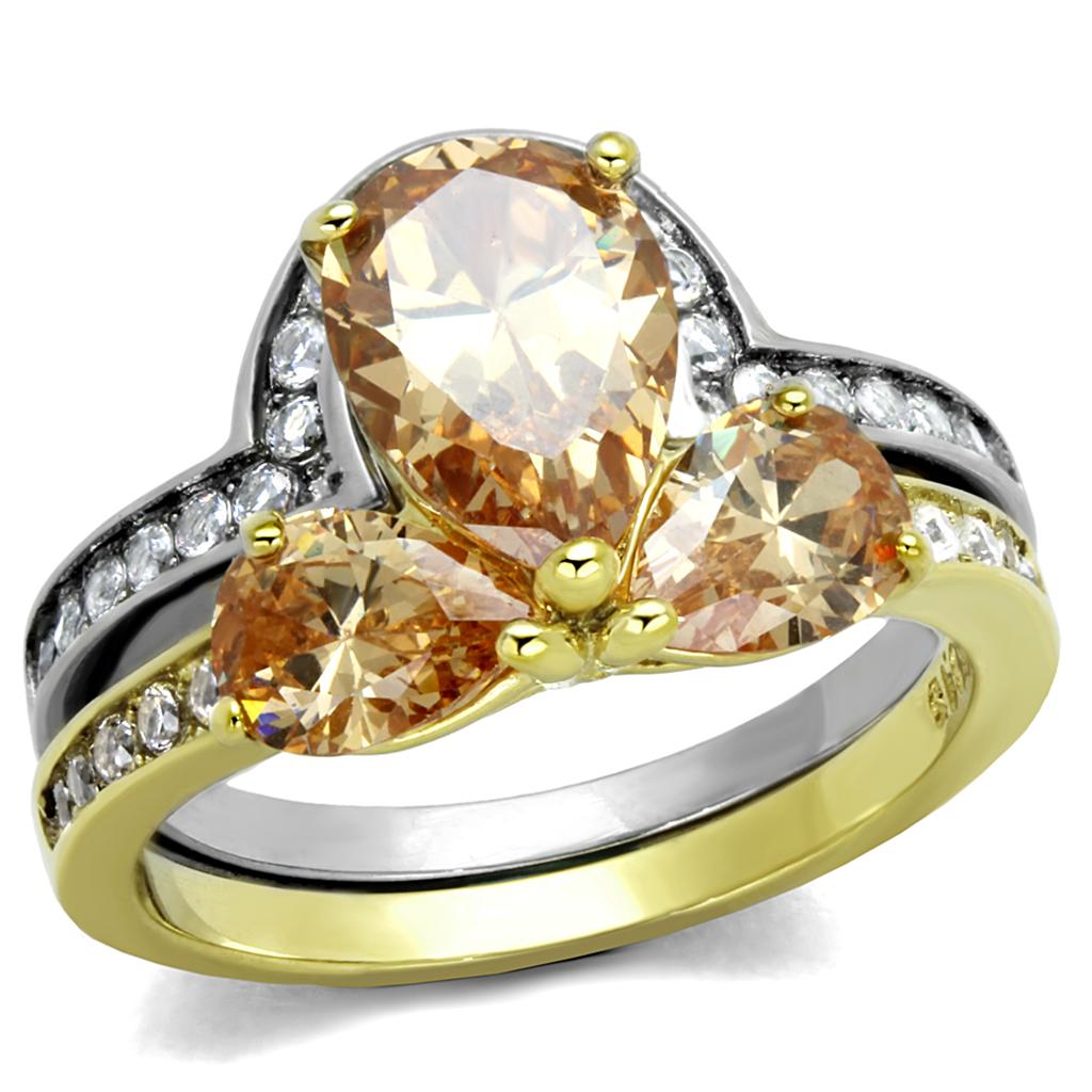 Two-Tone IP Gold (Ion Plating) Stainless Steel Ring with AAA Grade CZ in Champagne