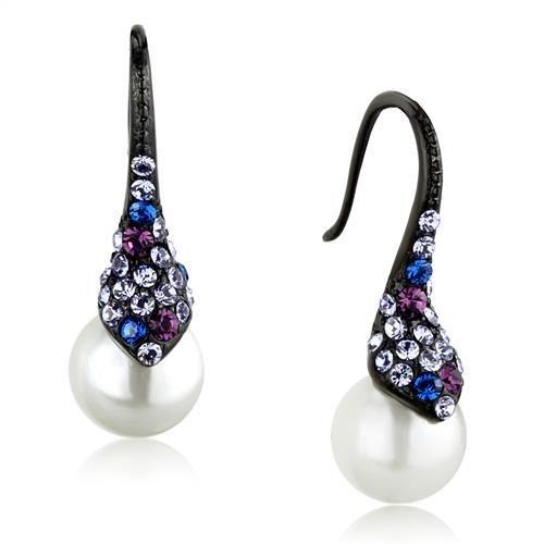 IP Black(Ion Plating) Stainless Steel Earrings with Synthetic Pearl in White