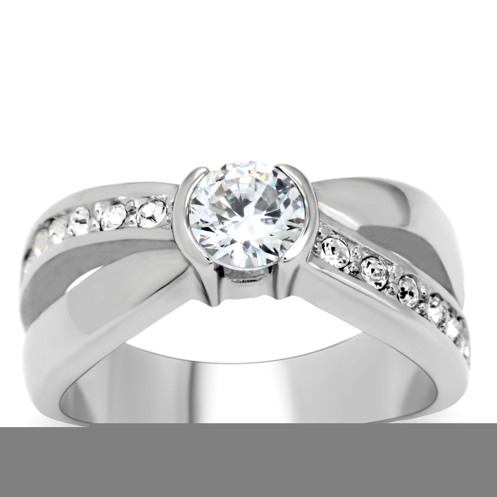 High polished (no plating) Stainless Steel Ring with AAA Grade CZ in Clear