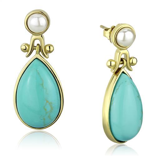 IP Gold(Ion Plating) Stainless Steel Earrings with Synthetic Turquoise in Turquoise